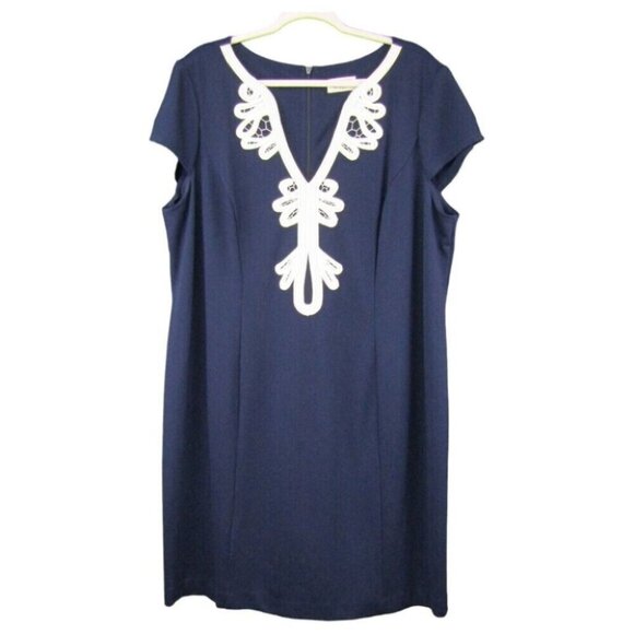 Eliza J Navy Blue White Soutache Lace Neck Dress Womens Size 20W Cap Sleeves - Picture 1 of 10